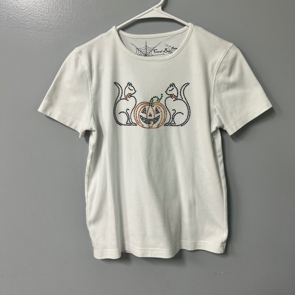 Coral Bay Petite Halloween Black Cat Pumpkin Rhinestone T-Shirt White‎ P Sm Y2K